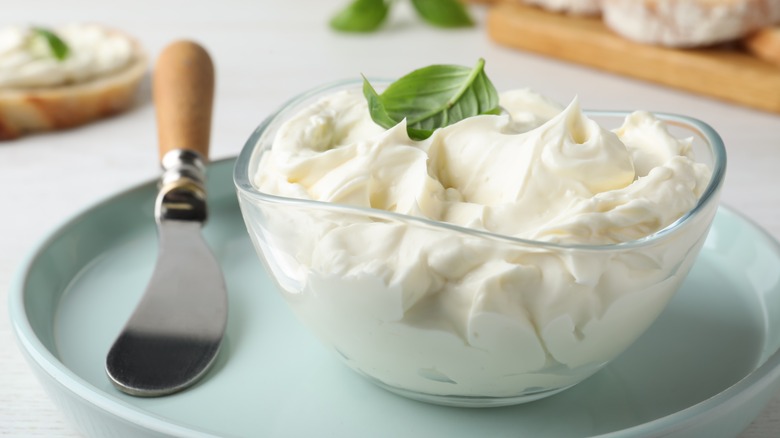 glass bowl of cream cheese