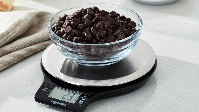 A Amazon Basis scale weighing coffee beans