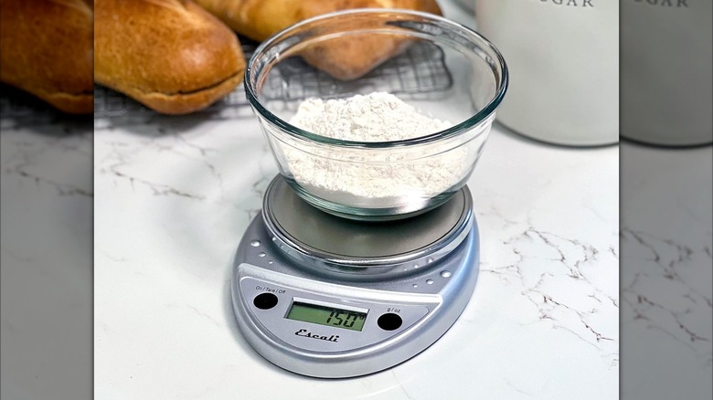 An Escali digital food scale measuring flour