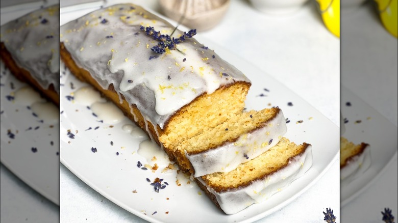 lemon glazed loaf cake with lavender sprinkles