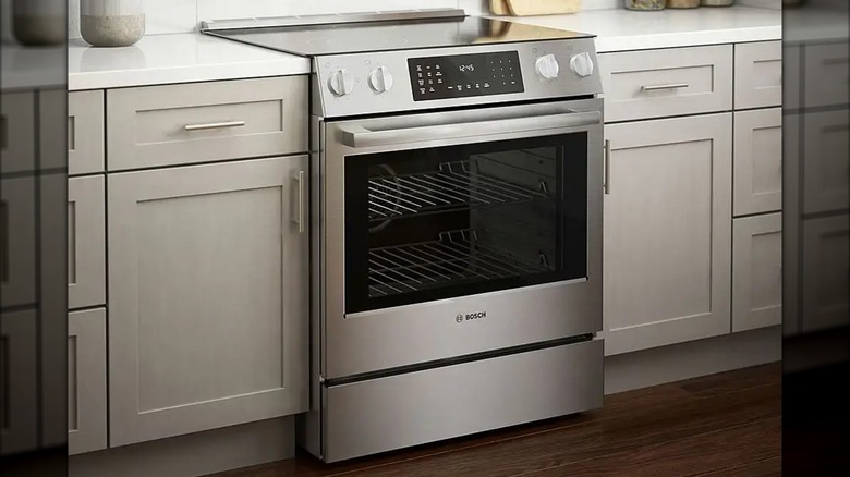 Bosch 800 Series Glass Top 5-Burner Convection Range set into countertops