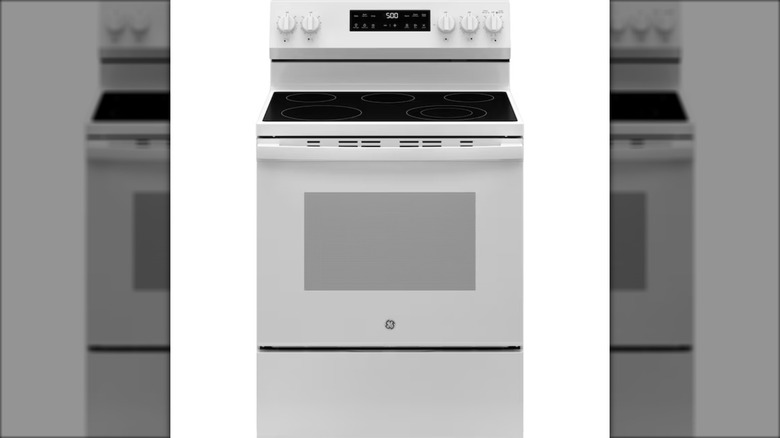 GE 30-inch Crisp Mode 5-Burner Electric Stove white background