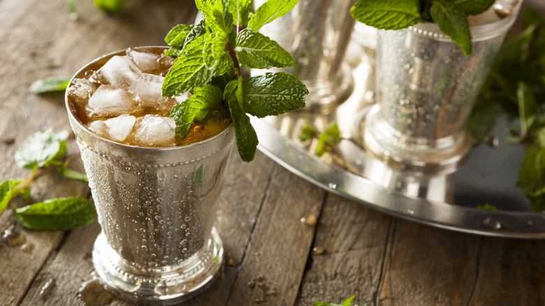 mint julep on wood table