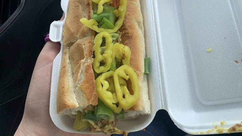 hot dog with mustard and pickles