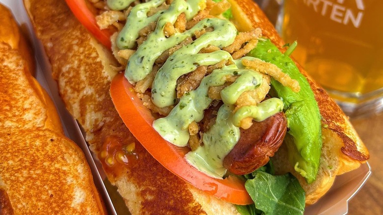 hot dog in Hawaiian roll