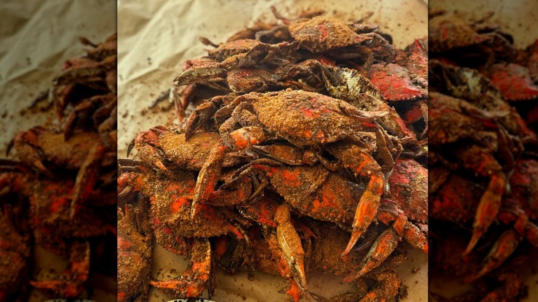 Seasoned and cooked crabs piled up