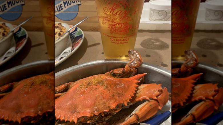 Crab and beer on table