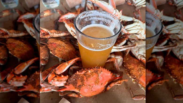 Crabs surrounding glass of beer