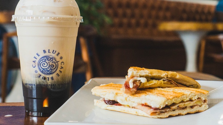 Cafe Blue iced coffee and panini