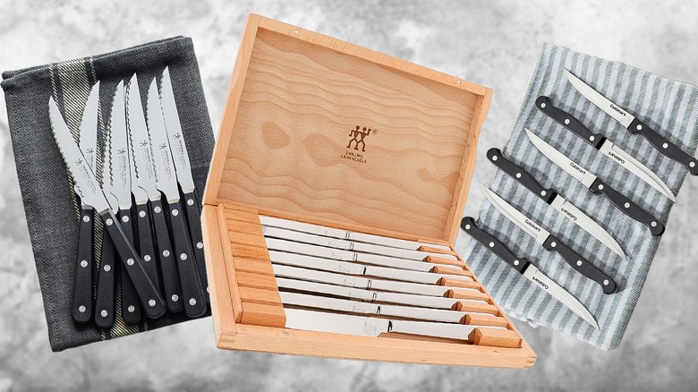 Composite image featuring three steak knife sets
