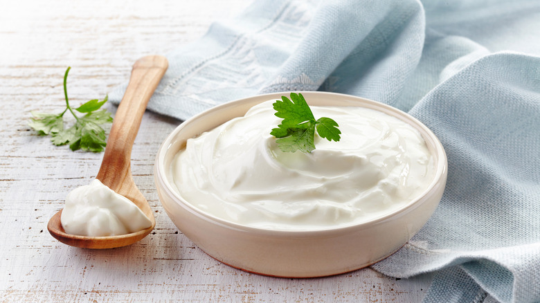 Sour cream in ceramic bowl