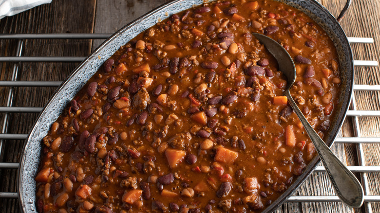 Baked beans in dish