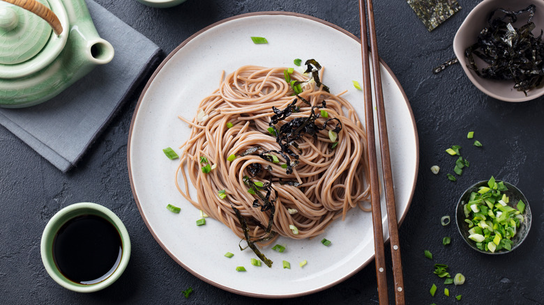 Soba noodle dish with chopsticks