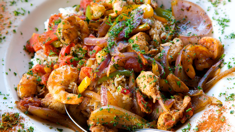 jambalaya with herbs close-up