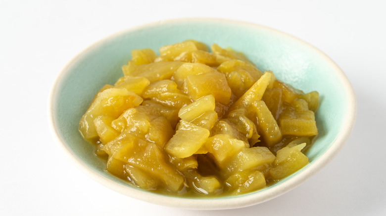 Bowl of canned green chiles