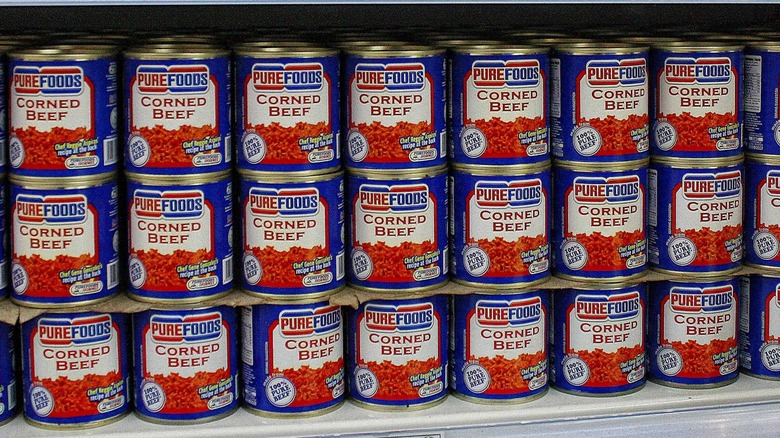 canned corned beef on a shelf