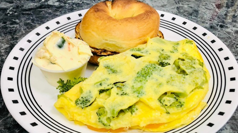 broccoli omlette bagel cream cheese