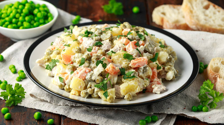 Russian potato salad on platter