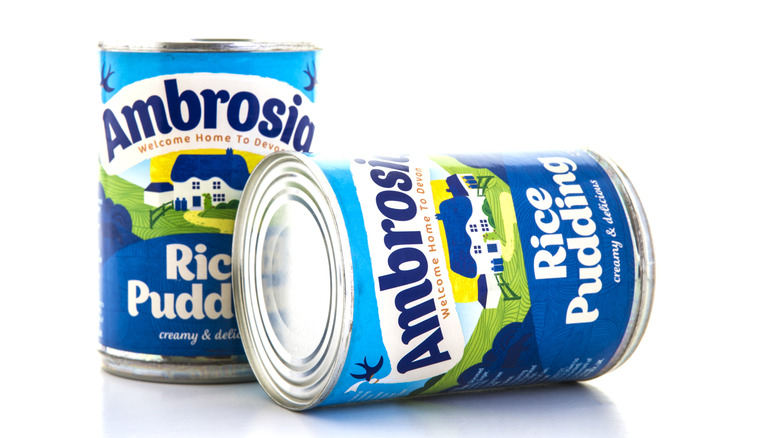 Two cans of Ambrosia rice pudding against a white backdrop