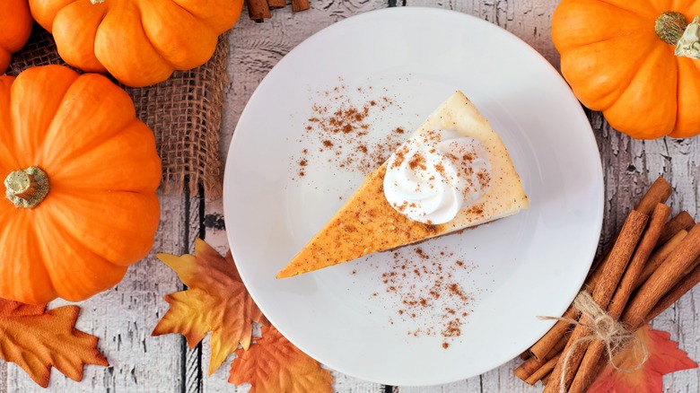 Slice of pumpkin cheesecake on a white plate, surrounded by whole pumpkins
