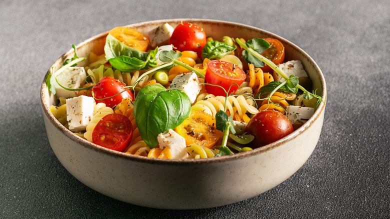 fusilli and veggies in bowl