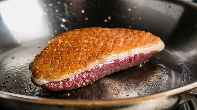 Seared duck breast in a pan