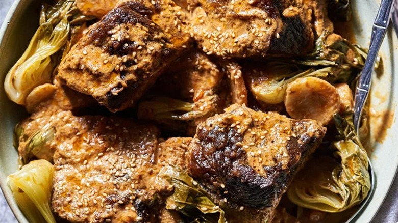 Top-down closeup of braised coconut beef ribs