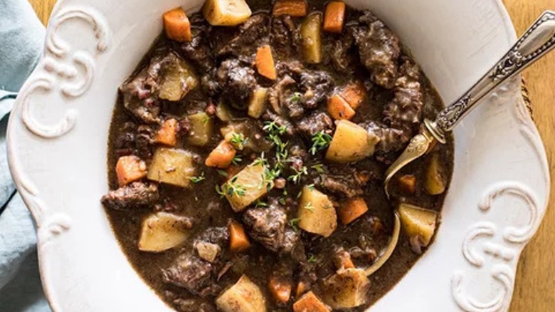 Top-down view of old-fashioned beef stew