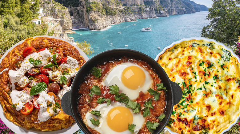 Egg dishes on Mediterranean background