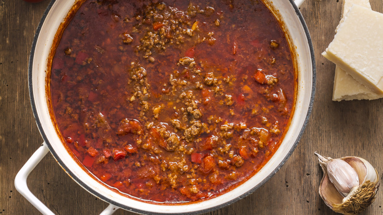 Bolognese sauce in a large pot