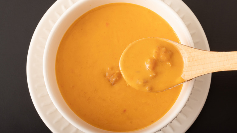 Lobster bisque in white bowl