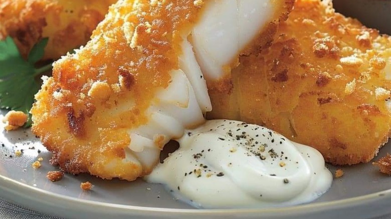 Fish sticks with a creamy sauce on a gray plate