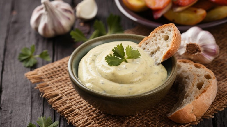 A garlic aioli in a dish with bread for dipping