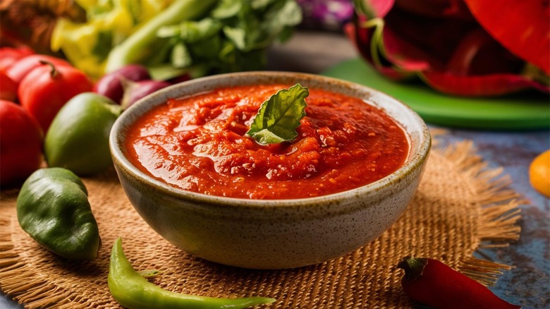 A bowl of salsa next to tomatoes and chilis