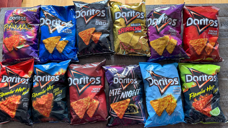 Doritos flavors on a wooden surface