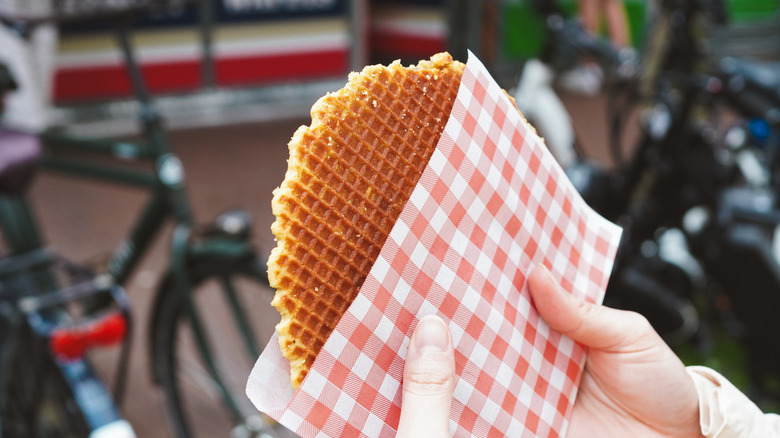 Traditional Dutch sugar waffle enjoyed as street food