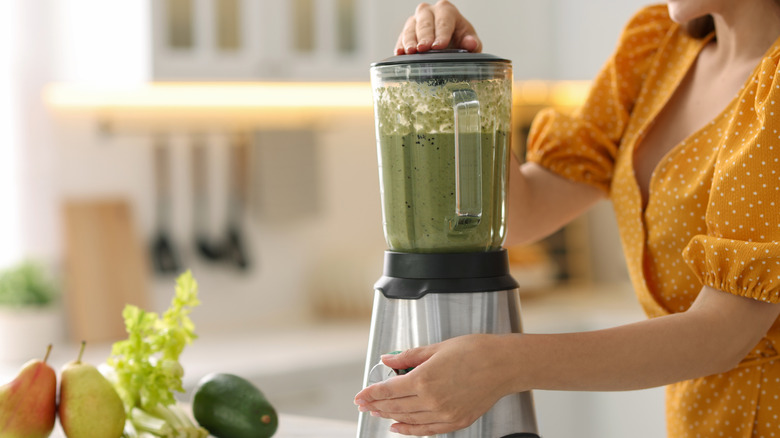 A blender mixing ingredients together