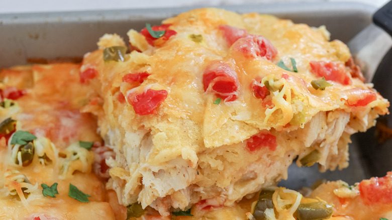 Slice of cheesy chicken casserole