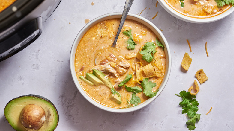 Chicken enchilada soup in bowl