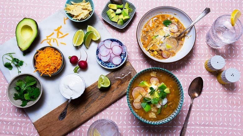 Soup bowls with various toppings