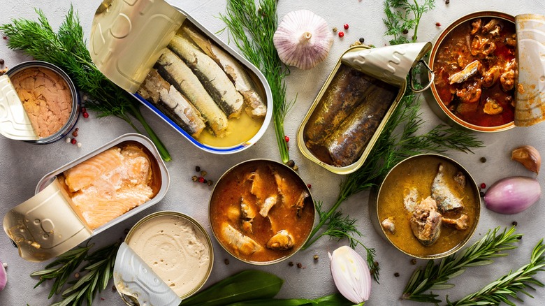 variety of tinned seafood