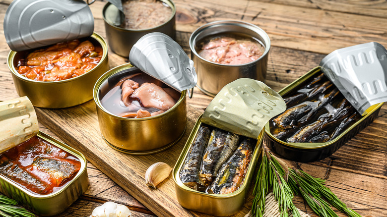 multiple varieties of tinned seafood