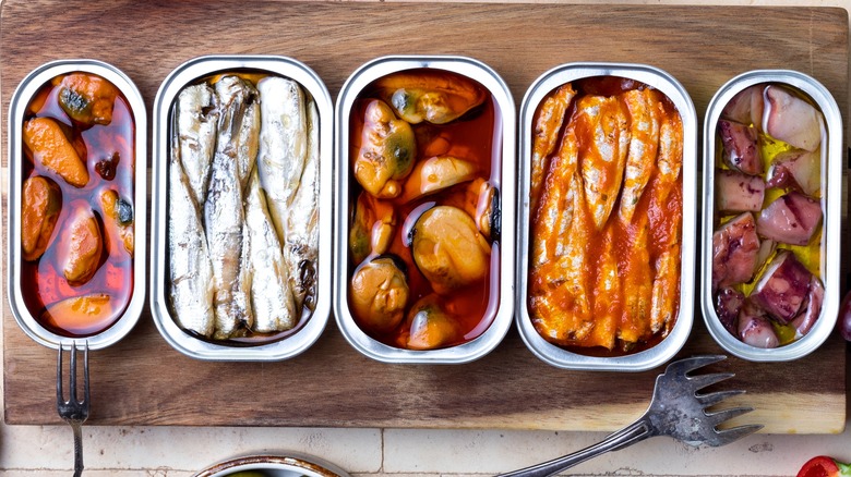 variety of tinned seafood