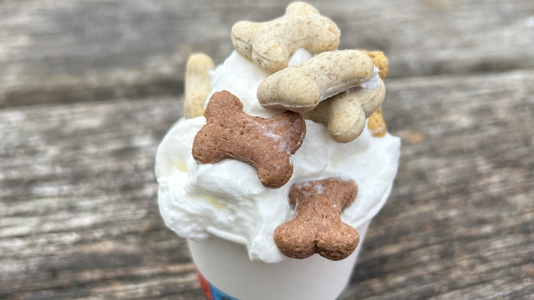 Puppy cup full of whipped cream and dog treats
