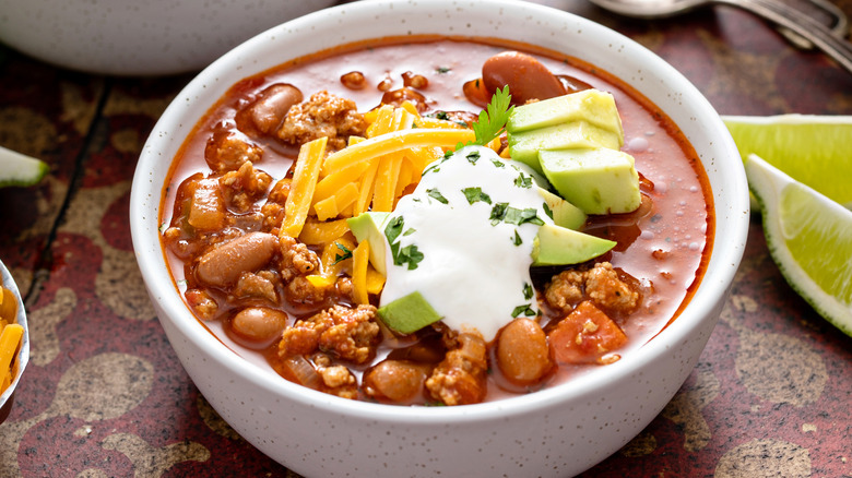 Bowl of chili with toppings