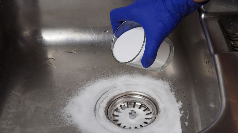 Gloved hand pouring baking soda into sink