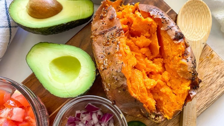 A cut sweet potato on a platter