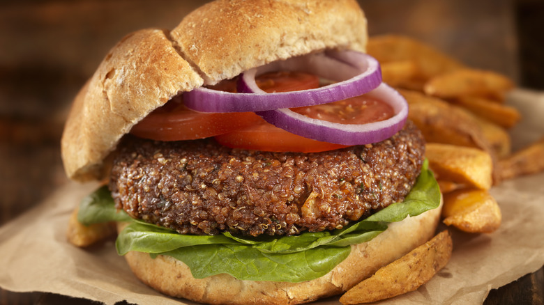 juicy veggie burger with fries