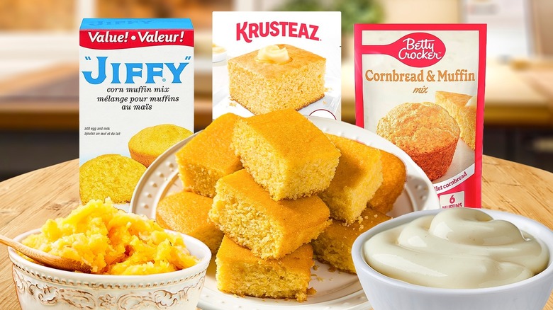 Boxes of cornbread mixes with cornbread on plate, puree, and mayo