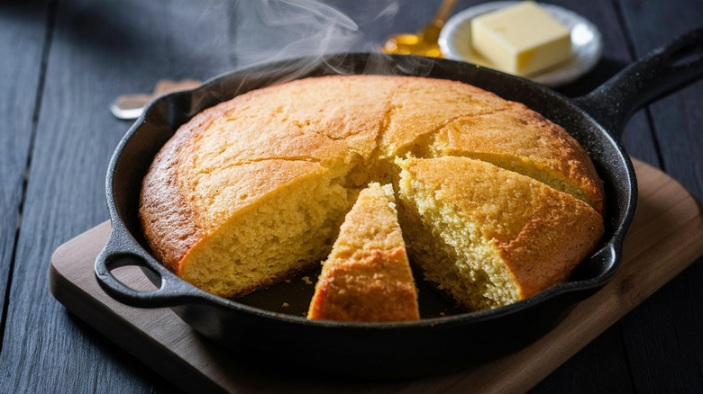 Cast iron skillet pan with steaming cornbread